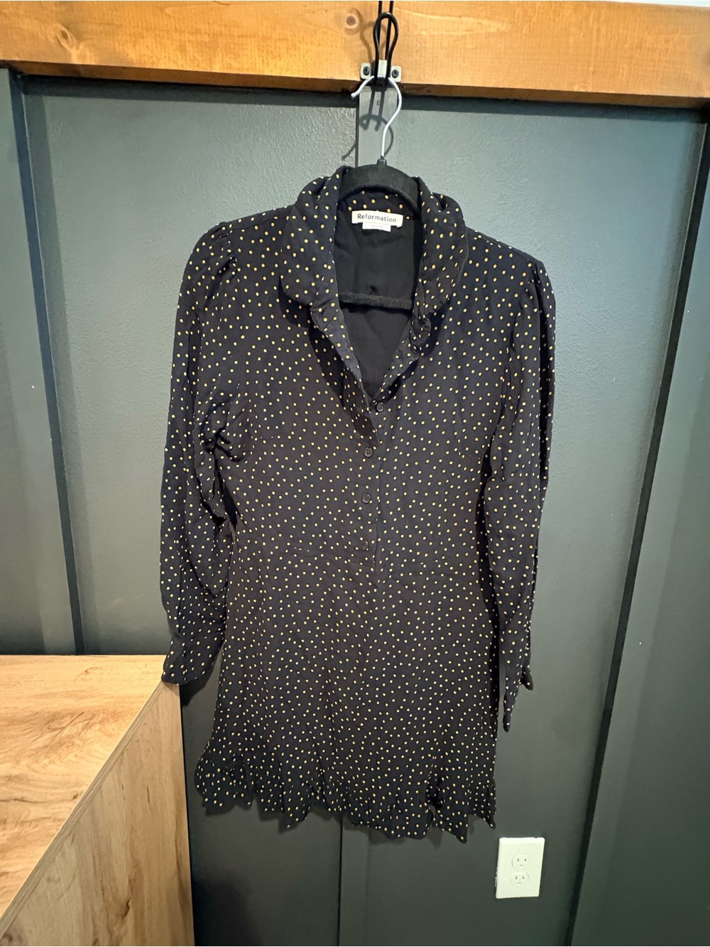Reformation Black Mini Dress with Gold Dot Print